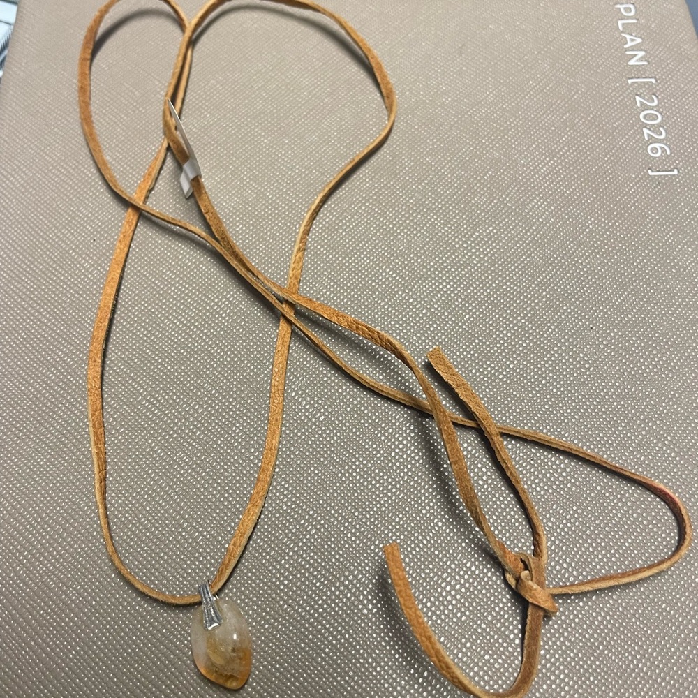 Elegant Tan Suede Necklace with Citrine Stone Pendant